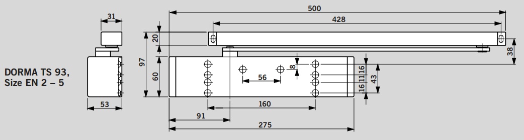 Dorma TS99B, Σούστα επαναφοράς πόρτας με ρυθμιζόμενη δύναμη 2-5 με συρόμενο μπράτσο